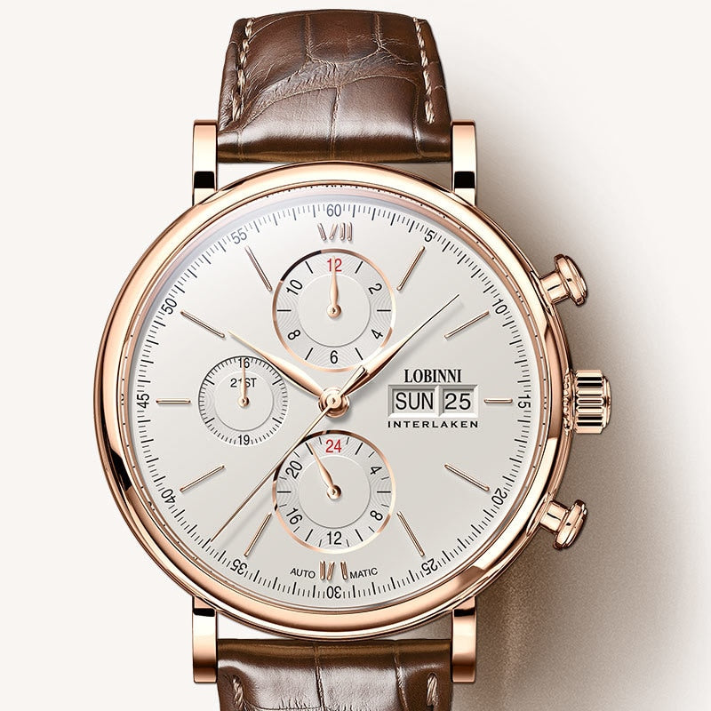 Switzerland LOBINNI Men Watches Luxury Brand Perpetual Calender Auto Mechanical Men's Clock Sapphire Leather relogio L13019-6