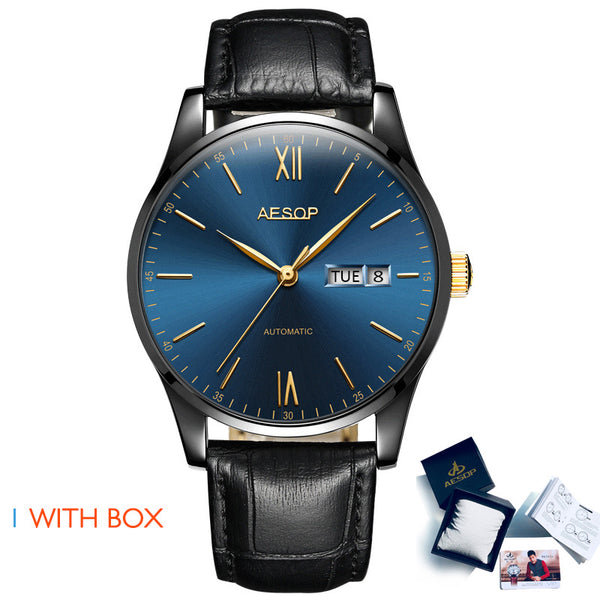 AESOP Mens Watches Top Brand Luxury Automatic Mechanical Multi-functional  Calendar waterproof Watch Brown Genuine Leather Colck