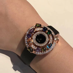 Luxury top brand Genuine Leather watchband zircon Stone crsytal Quartz Wristwatch designer round Dial watch clock for women