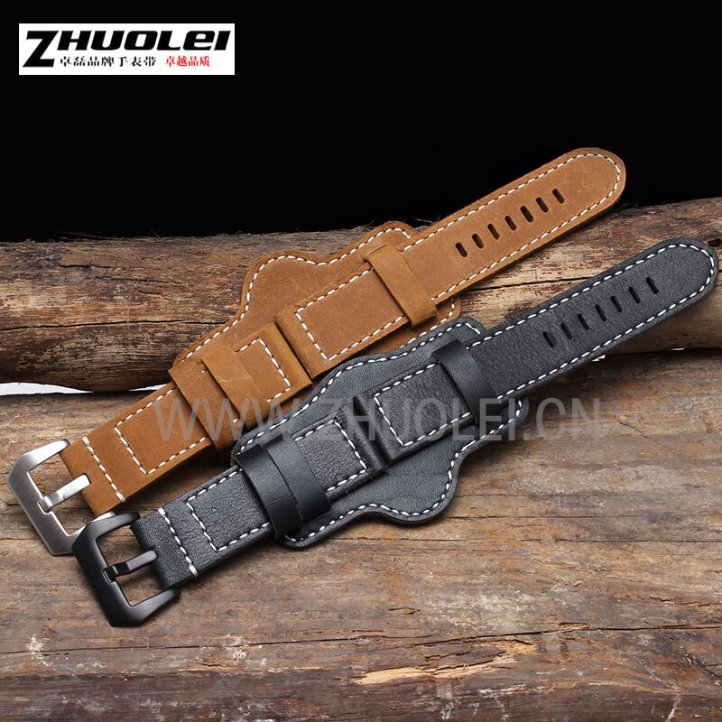 High quality genuine leather watchband with tray bracelet with stainless steel buckle for fossil PA handmade watch 22 24 26mm