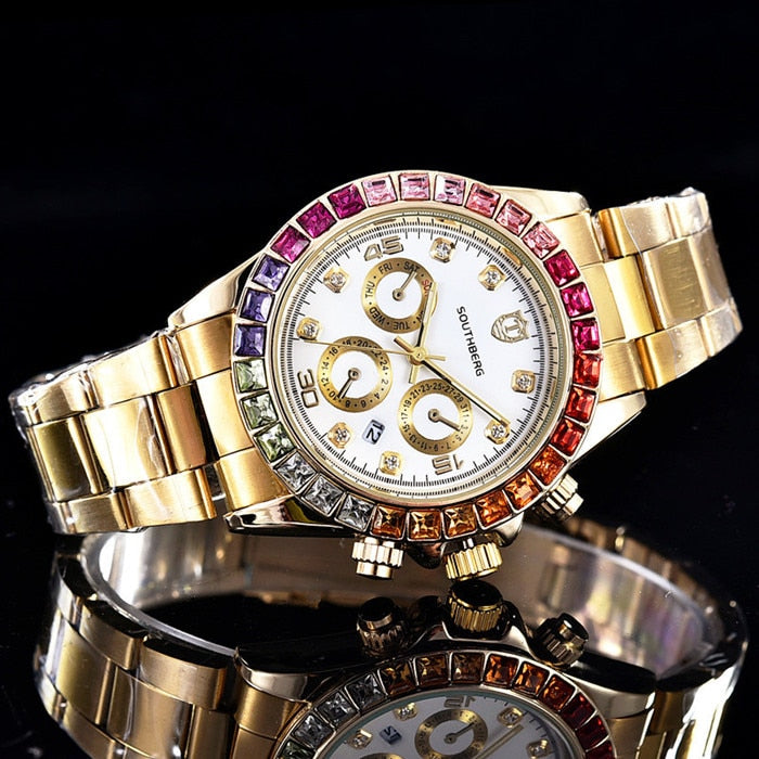Luxury SOUTHBERG Watch Men  GMT Glass Date Stainless Steel Women Mens Sport Quartz Color rhinestone Watches Reloj Hombre