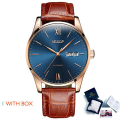 AESOP Mens Watches Top Brand Luxury Automatic Mechanical Multi-functional  Calendar waterproof Watch Brown Genuine Leather Colck