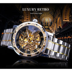 Winner Transparent Fashion Diamond Display Luminous Hands Gear Movement Retro Royal Design Men Mechanical Skeleton Wrist Watches