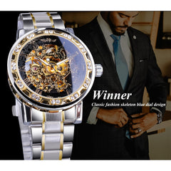 Winner Transparent Fashion Diamond Display Luminous Hands Gear Movement Retro Royal Design Men Mechanical Skeleton Wrist Watches