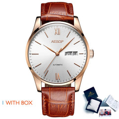 AESOP Mens Watches Top Brand Luxury Automatic Mechanical Multi-functional  Calendar waterproof Watch Brown Genuine Leather Colck