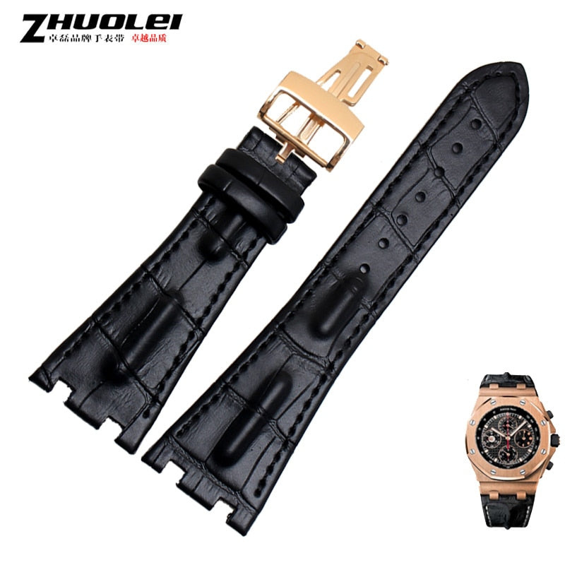 For AP straps 28mm black |blue 100%  Genuine Leather Handmade Watch Band Strap with steel deployment buckle WATCHBAND