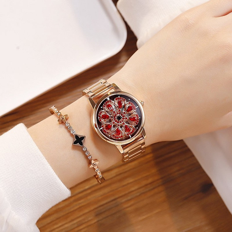 2019 Top Brand Women Watch Women Stainless Steel Wristwatches Lady Shining Rotation Dress Watches Rhinestone Clock montre femme