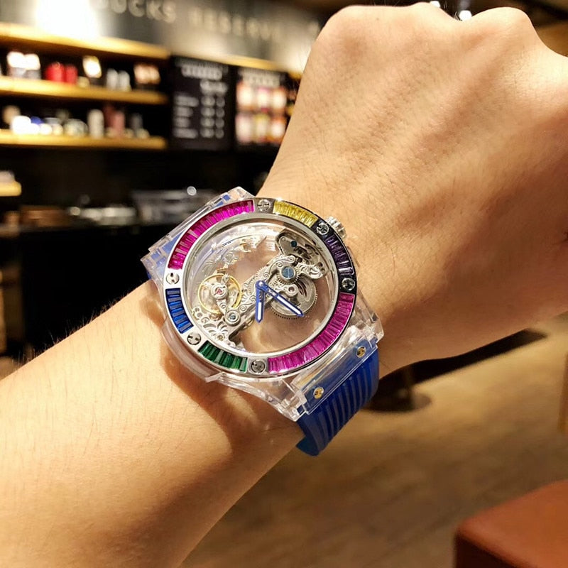 Rubber watchband Hollow-out mechanical watch Wristwatch designer round Dial Lady watch for women