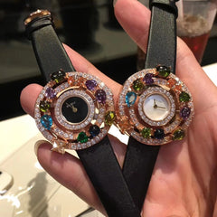 Luxury top brand Genuine Leather watchband zircon Stone crsytal Quartz Wristwatch designer round Dial watch clock for women