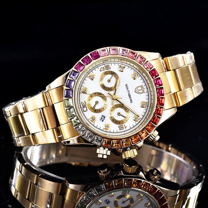 Luxury SOUTHBERG Watch Men  GMT Glass Date Stainless Steel Women Mens Sport Quartz Color rhinestone Watches Reloj Hombre