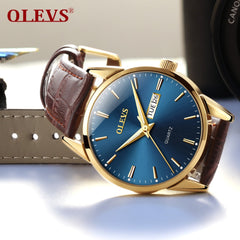 Mens Watches Top Brand Luxury OLEVS Fashion Watch Men Leather Quartz Watch For Male Auto Date Rose Gold Shell relogio masculino