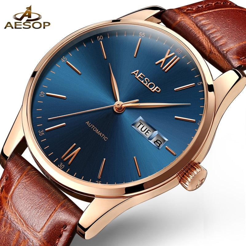 AESOP Mens Watches Top Brand Luxury Automatic Mechanical Multi-functional  Calendar waterproof Watch Brown Genuine Leather Colck