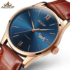 AESOP Mens Watches Top Brand Luxury Automatic Mechanical Multi-functional  Calendar waterproof Watch Brown Genuine Leather Colck