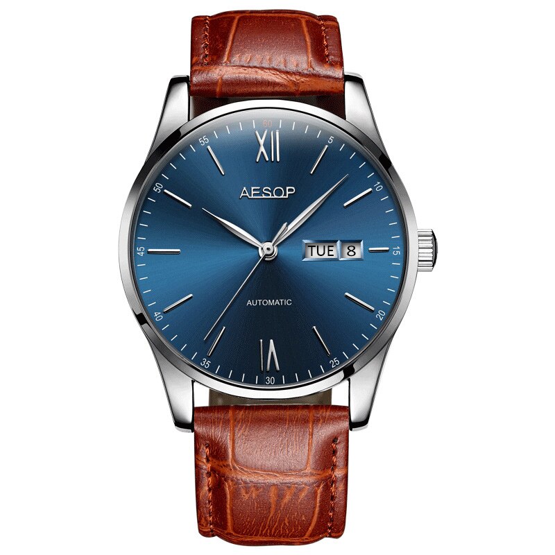 AESOP Mens Watches Top Brand Luxury Automatic Mechanical Multi-functional  Calendar waterproof Watch Brown Genuine Leather Colck