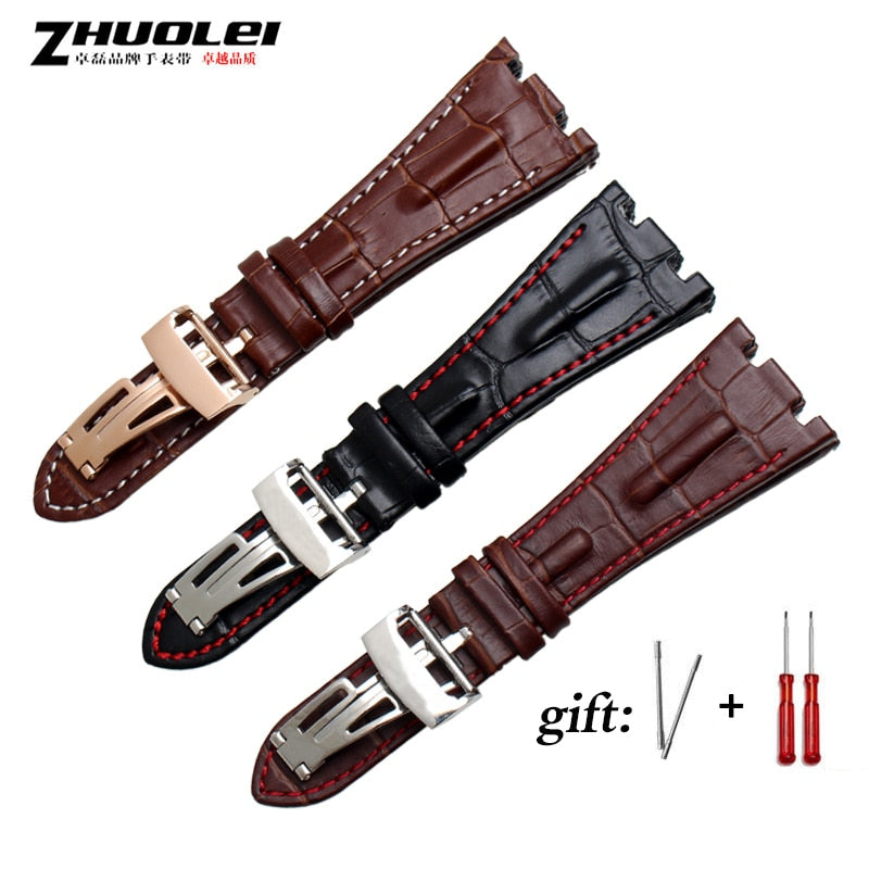 For AP straps 28mm black |blue 100%  Genuine Leather Handmade Watch Band Strap with steel deployment buckle WATCHBAND