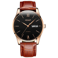 AESOP Mens Watches Top Brand Luxury Automatic Mechanical Multi-functional  Calendar waterproof Watch Brown Genuine Leather Colck