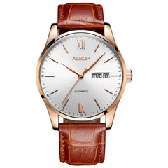 AESOP Mens Watches Top Brand Luxury Automatic Mechanical Multi-functional  Calendar waterproof Watch Brown Genuine Leather Colck