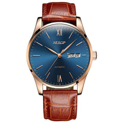 AESOP Mens Watches Top Brand Luxury Automatic Mechanical Multi-functional  Calendar waterproof Watch Brown Genuine Leather Colck