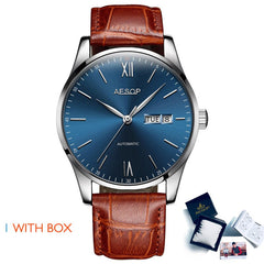AESOP Mens Watches Top Brand Luxury Automatic Mechanical Multi-functional  Calendar waterproof Watch Brown Genuine Leather Colck