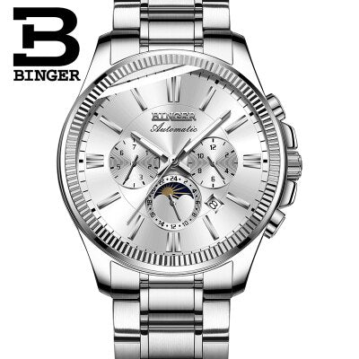 2019 Genuine Luxury BINGER Brand Men watch Self-wind waterproof full steel automatic mechanical male week month display fashion