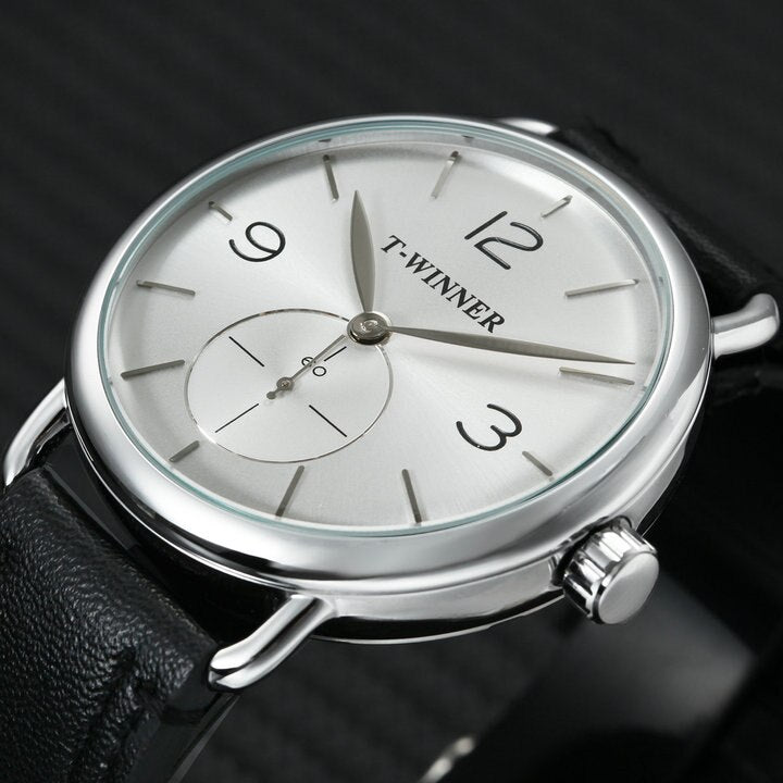 WINNER Fashion Blue Men Mechanical Watch Genuine Leather Strap Small Sub-dial Display Top Brand Luxury Hand-wind Wristwatch 2018