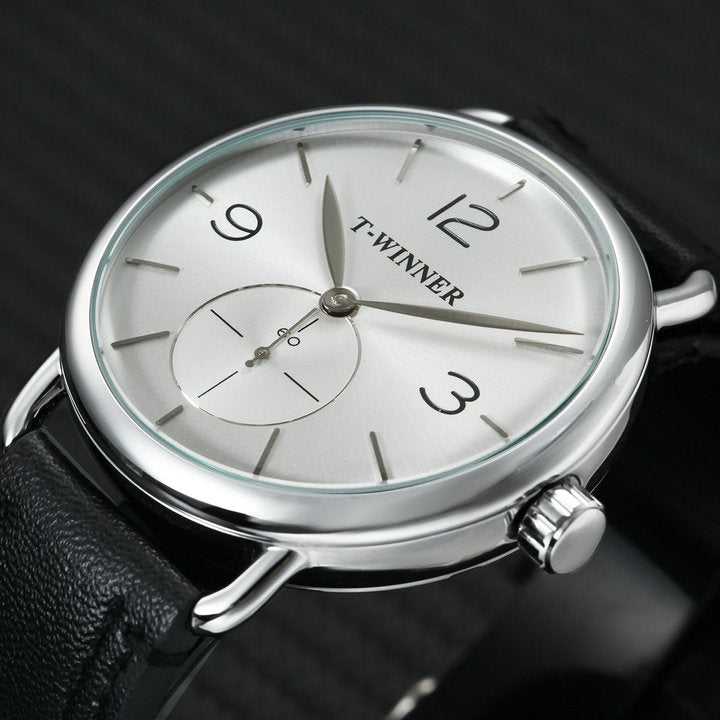 WINNER Fashion Blue Men Mechanical Watch Genuine Leather Strap Small Sub-dial Display Top Brand Luxury Hand-wind Wristwatch 2018