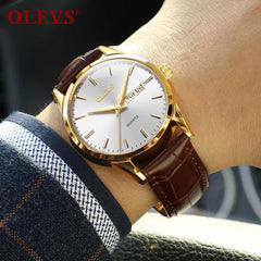 Mens Watches Top Brand Luxury OLEVS Fashion Watch Men Leather Quartz Watch For Male Auto Date Rose Gold Shell relogio masculino