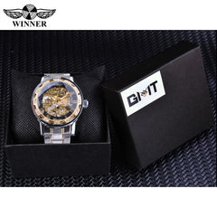 Winner Transparent Fashion Diamond Display Luminous Hands Gear Movement Retro Royal Design Men Mechanical Skeleton Wrist Watches