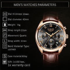 2019 LIGE Mens Watches Top Brand Luxury Waterproof 24 Hour Date Quartz Clock  Male Leather Sport Wrist Watch Relogio Masculino