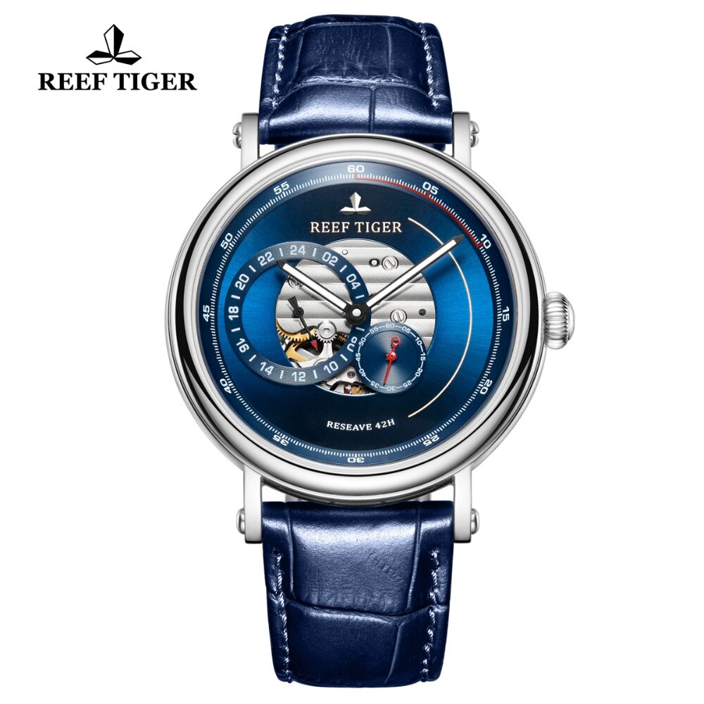 2019 Reef Tiger/RT Fashion Casual Watch Leather Strap Skeleton Automatic Watch Men Blue Designer Watches Gift for Men RGA1617
