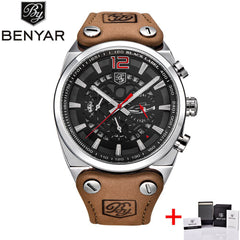 BENYAR Big Dial Sport Watch Men Waterproof Outdoor Military Chronograph Quartz Leather Watch Army Male Clock Relogio Masculino