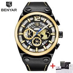 BENYAR Big Dial Sport Watch Men Waterproof Outdoor Military Chronograph Quartz Leather Watch Army Male Clock Relogio Masculino