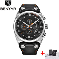 BENYAR Big Dial Sport Watch Men Waterproof Outdoor Military Chronograph Quartz Leather Watch Army Male Clock Relogio Masculino