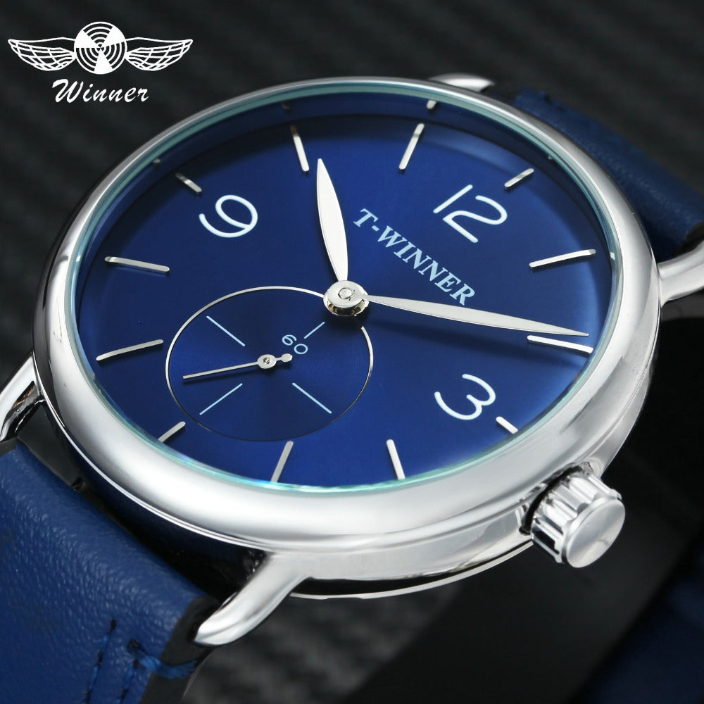 WINNER Fashion Blue Men Mechanical Watch Genuine Leather Strap Small Sub-dial Display Top Brand Luxury Hand-wind Wristwatch 2018