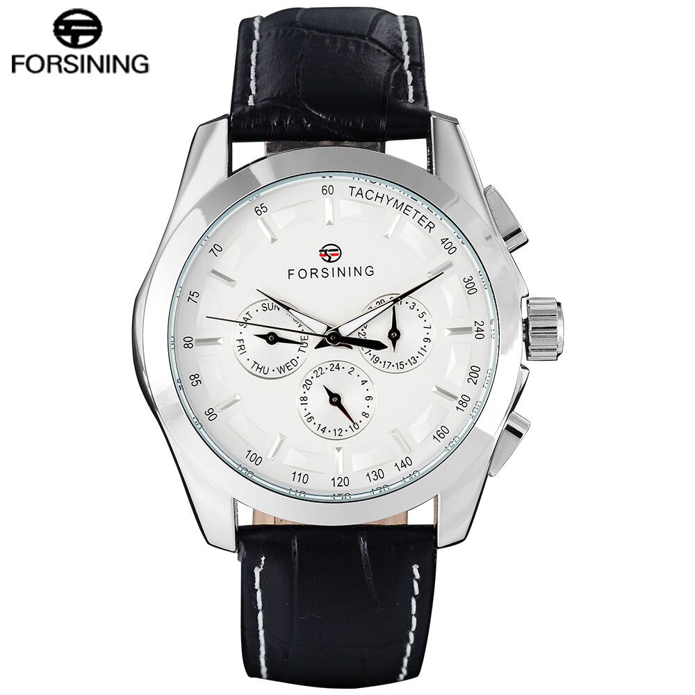 FORSINING Mens Luxury Automatich Mechanical Watches Men Black Leather Band 24H Date Week Month Calendar Clock Relogio Masculino