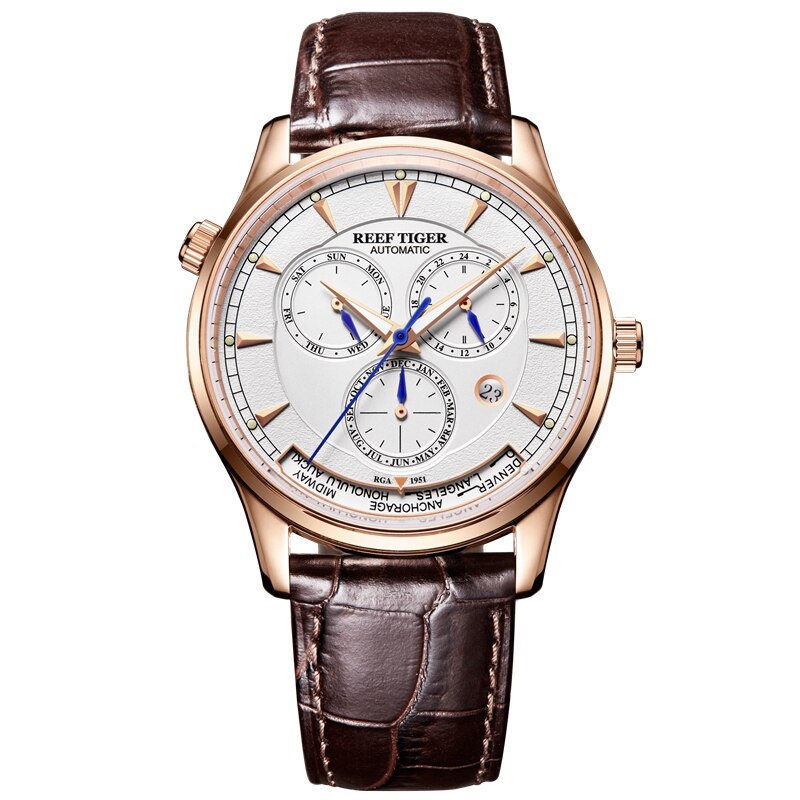 Reef Tiger/RT Mens Automatic World Time Watches with Date Day Month Rose Gold Leather Strap Watch Double Time Watch RGA1951