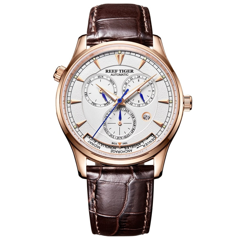 Reef Tiger/RT Mens Automatic World Time Watches with Date Day Month Rose Gold Leather Strap Watch Double Time Watch RGA1951