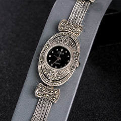 JIASHUNTAI Retro 100% 925 Sterling Silver Watch For Women Round Vintage Thai Silver Clock Female Bracelets Watch Jewelry
