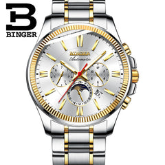 2019 Genuine Luxury BINGER Brand Men watch Self-wind waterproof full steel automatic mechanical male week month display fashion