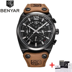 BENYAR Big Dial Sport Watch Men Waterproof Outdoor Military Chronograph Quartz Leather Watch Army Male Clock Relogio Masculino