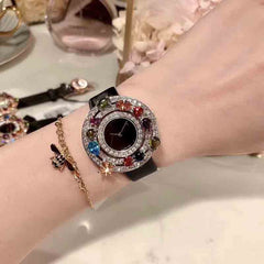 Luxury top brand Genuine Leather watchband zircon Stone crsytal Quartz Wristwatch designer round Dial watch clock for women