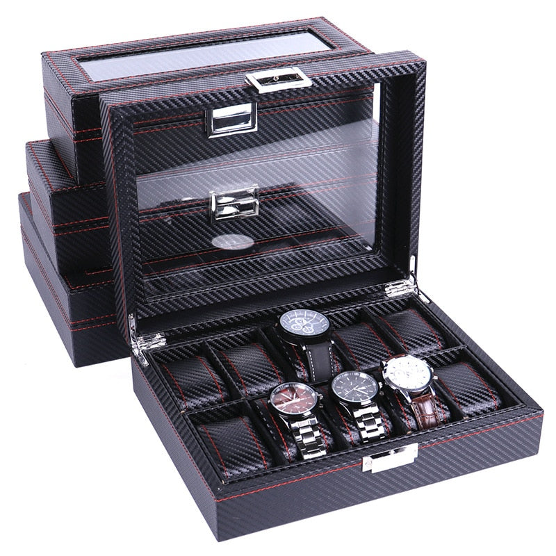 High Carbon Fiber 5  6 10 12 Grid Watch Box Watch Display Storage Box Bracelet Watch Display Slots Case holder Storage Container