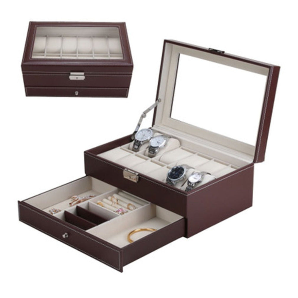 12 Grids Slots Professional Watches Storage Box Double Layers PU Leather Watch Case Organizer Box Holder Black Brown Colors