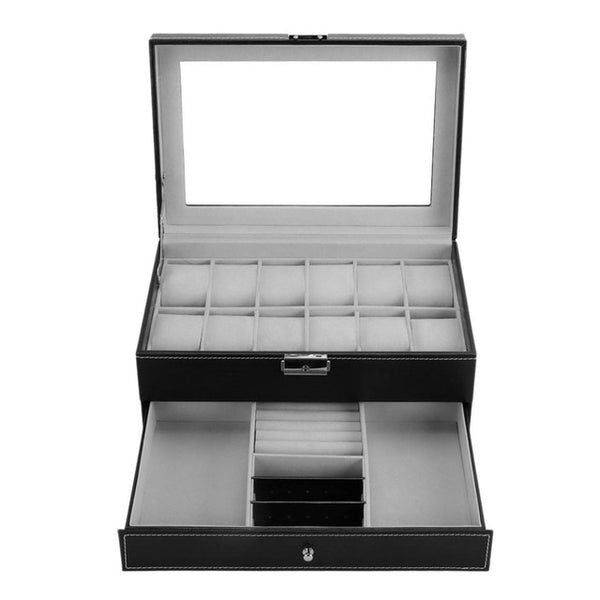 12 Grids Slots Professional Watches Storage Box Double Layers PU Leather Watch Case Organizer Box Holder Black Brown Colors