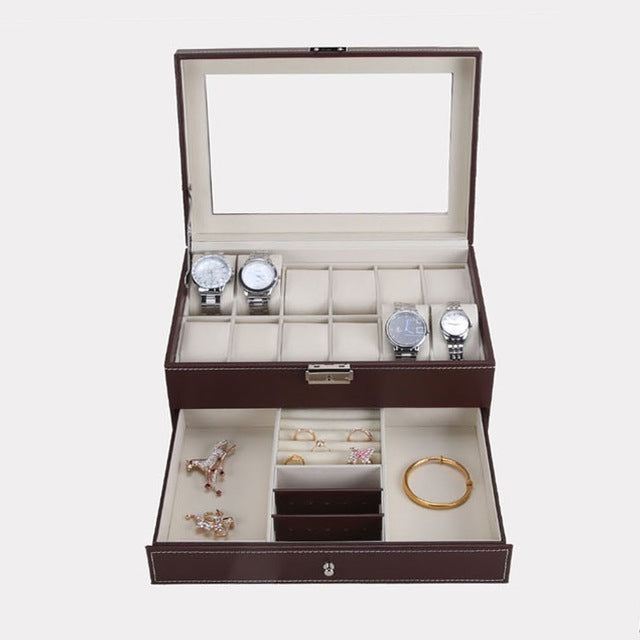 12 Grids Slots Professional Watches Storage Box Double Layers PU Leather Watch Case Organizer Box Holder Black Brown Colors