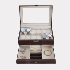 12 Grids Slots Professional Watches Storage Box Double Layers PU Leather Watch Case Organizer Box Holder Black Brown Colors