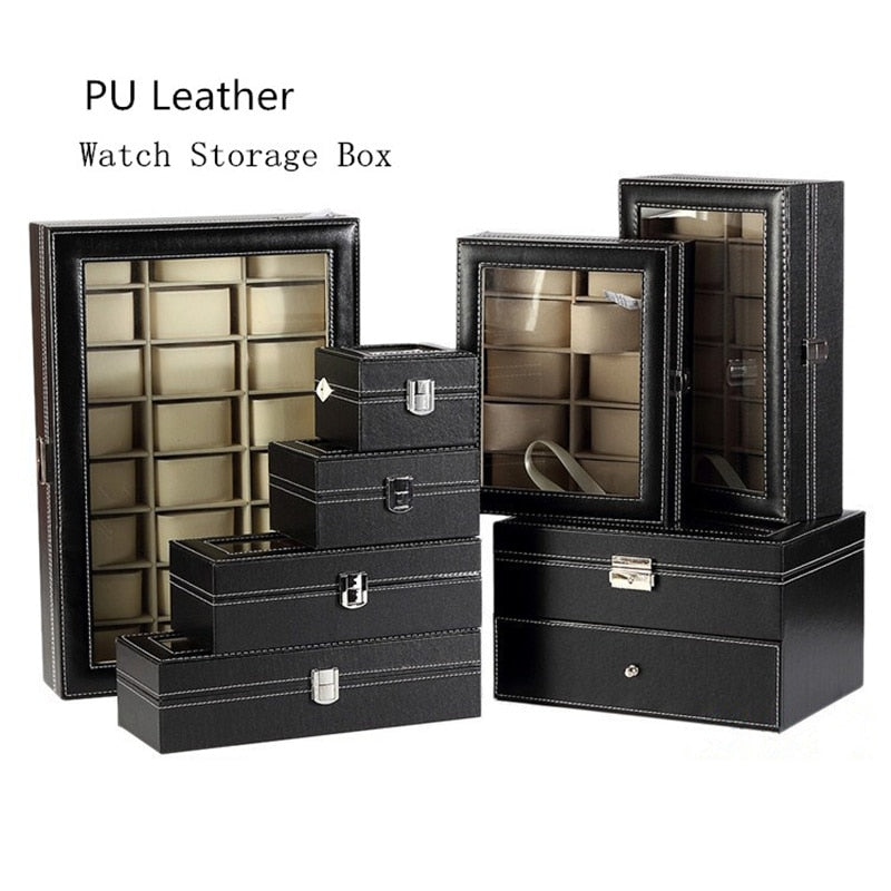 Wholesale PU Leather Watch Box Black Watch Storage Box With Window New Women Jewelry Gift Case Display Package Boxes Case