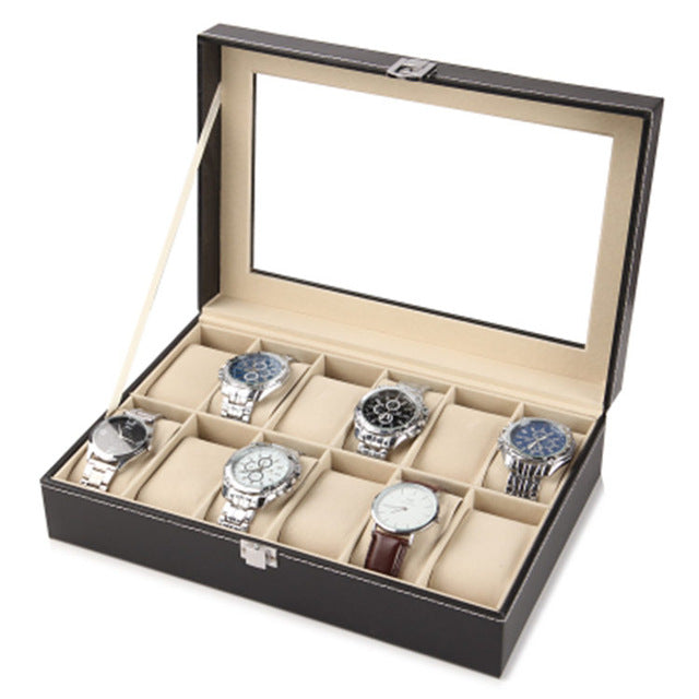 Wholesale PU Leather Watch Box Black Watch Storage Box With Window New Women Jewelry Gift Case Display Package Boxes Case