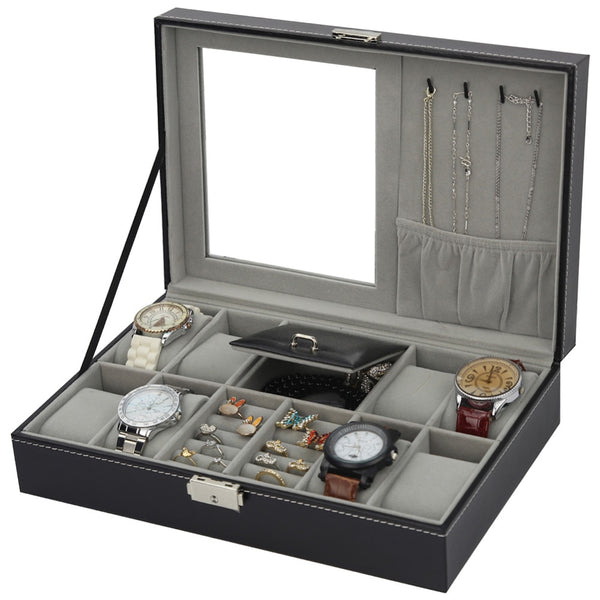 2 In One 8 Grids+3 Mixed Grids PU Leather Watch Boxes Storage Organizer Box Luxury Jewelry Ring Display Watch Case Black