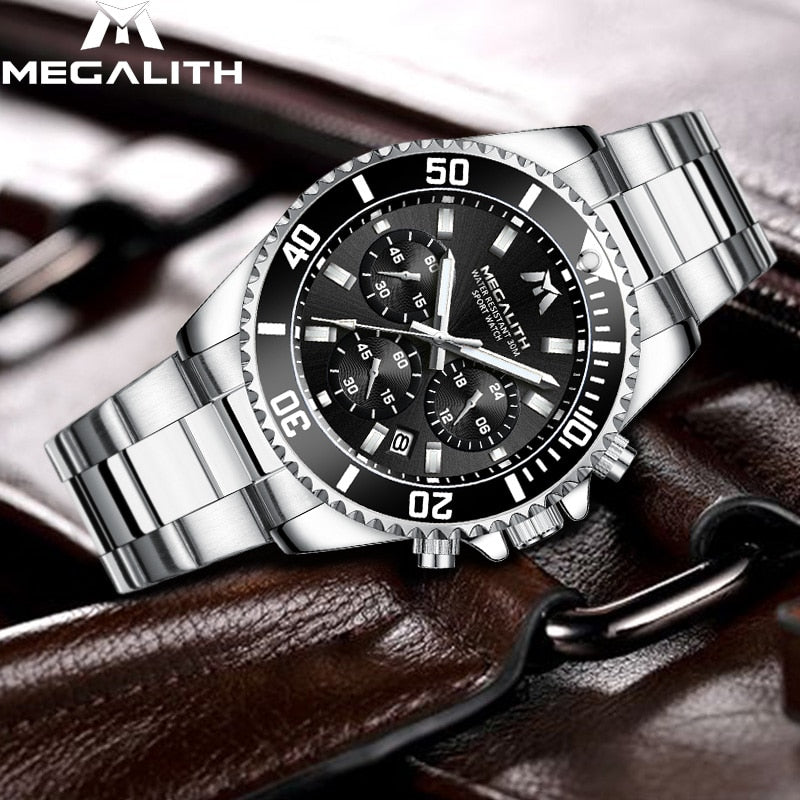 MEGALITH Fashion Mens Watches Top Brand Luxury Waterproof Colck Stainless Steel Men Quartz Watch Gents Sport Wristwatch